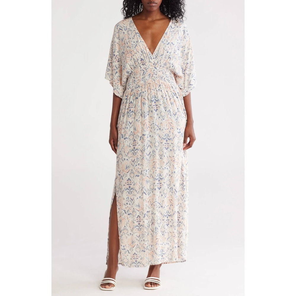 Lovestitch Smocked Waist Maxi Dress S/M Blue Pink Paisley Kimono Sleeve Boho